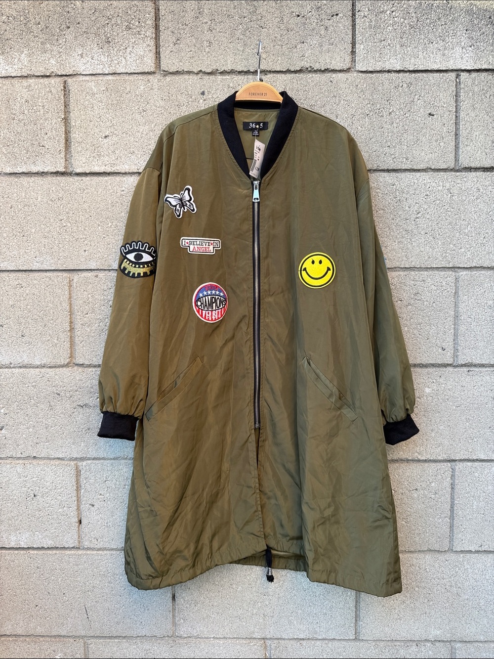 Olive Green Patchwork Bomber Jacket with Smiley Patch